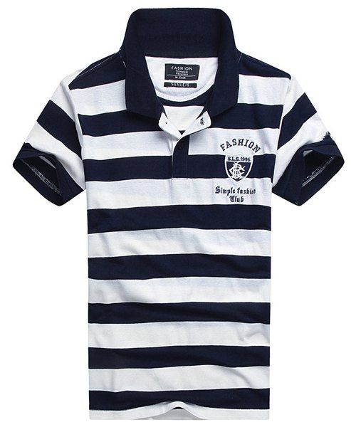 Stripe col rabattu Badge et T-shirt Polo de lettres brodées à manches courtes hommes - Bleu L
