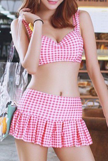 Sweetheart Neck Preppy femmes Style Vérifié Two Piece Swimsuit - Rose M