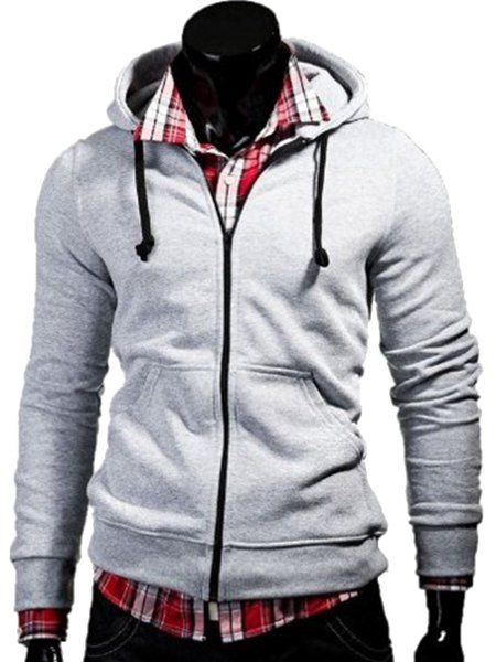 

Color Block Zipper Fly Front Pocket Hooded Long Sleeves Men's Hoodie, Light gray