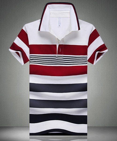 Polo Stripe Turn-Down Collar Color Block Spliced ​​design à manches courtes T-shirt - Blanc M