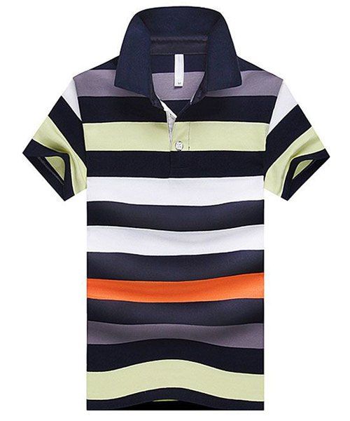 Polo Stripe Turn-Down Collar Color Block épissage design à manches courtes T-shirt - Jaune 2XL