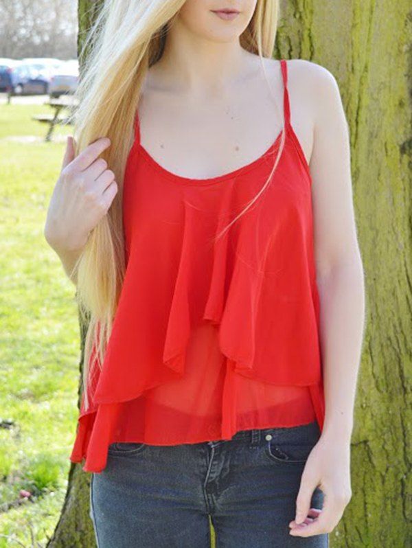 

Casual Women's Spaghetti Straps Solid Color Chiffon Tank Top, Red