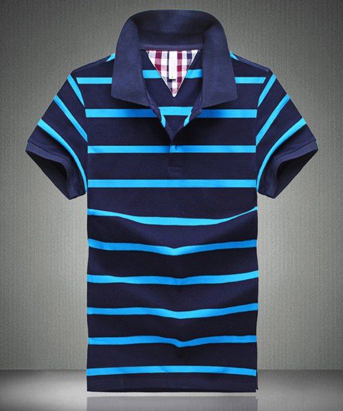 Col rabattu Polo à manches courtes à rayures design T-shirt - Bleu L
