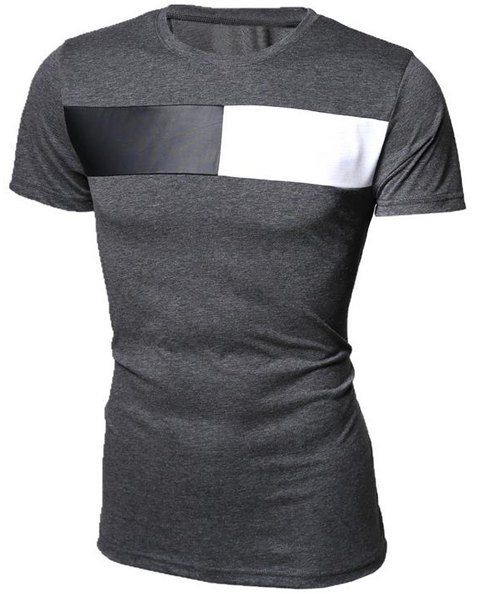 Modish col rond Color Block PU-Cuir T-shirt à manches courtes hommes Splicing - gris foncé M