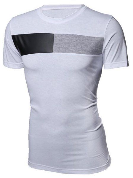 

Modish Round Neck Color Block PU-Leather Splicing Short Sleeve Men's T-Shirt, White
