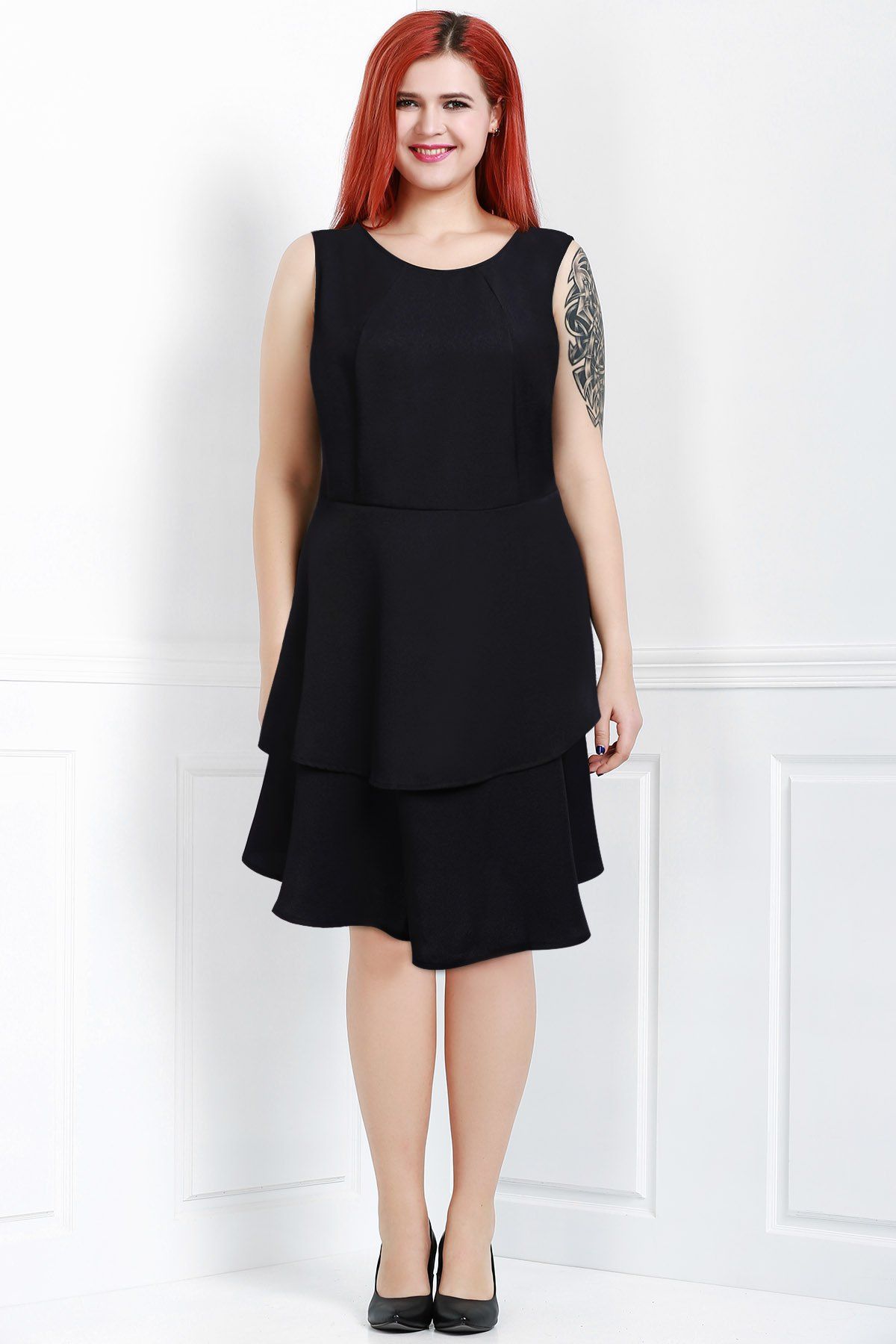 

Chic Round Neck Sleeveless Plus Size Pure Color Women's Dress, Black