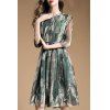Stylish 3/4 Sleeve Round Neck Floral Print Chiffon Dress For Women - vert foncé S