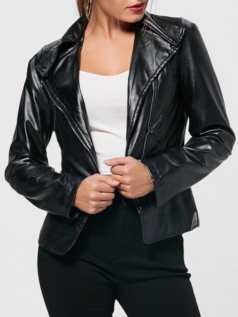 [41% OFF] 2019 Zipper PU Leather Biker Jacket In BLACK M | DressLily.com