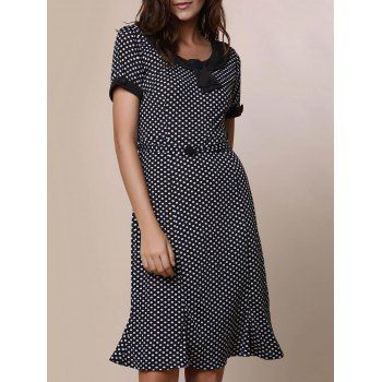 

Vintage Short Sleeve Scoop Neck Polka Dot Women' Fishtail Mermaid Dress, Black