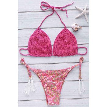 [17% OFF] 2023 Sexy Halter Crochet Floral Print Women's Bikini Set In ...