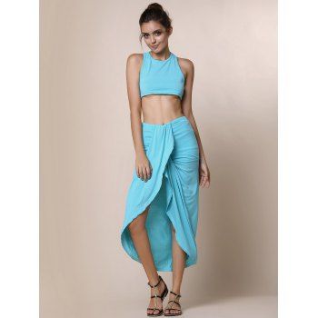 

Candy Color Crop Top And Irregular Maxi Two Piece Matching Set, Lake blue