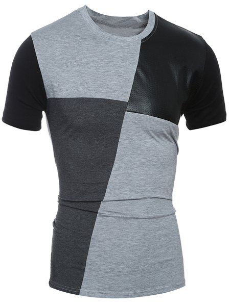 

Round Neck Color Block PU-Leather Spliced Short Sleeve Men's T-Shirt, Gray