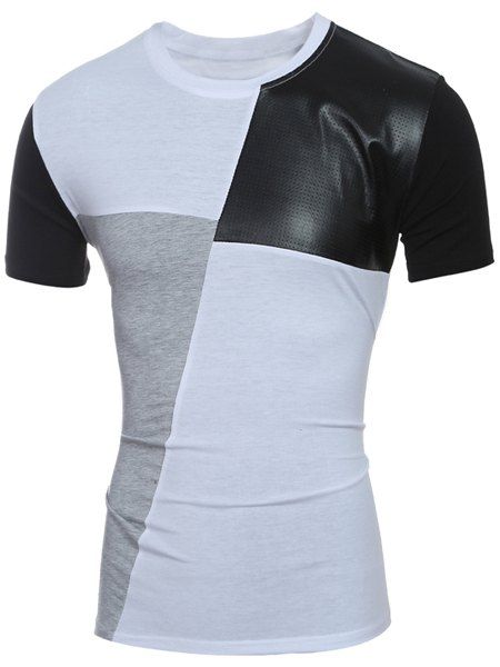 T-Shirt Manches Courtes à Col Rond avec Empiècement en Blocs de Couleurs et Cuir PU pour Hommes - Blanc 2XL