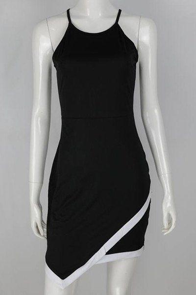 Trendy Women's Spaghetti Strap Color Block Asymmetric Zippered Dress - Noir L