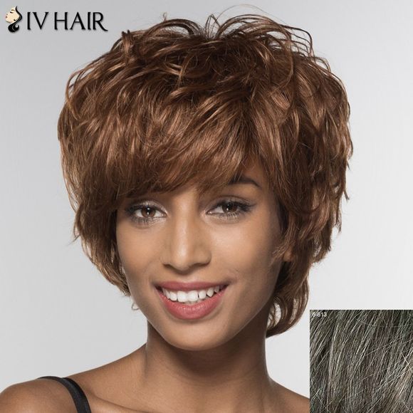Élégant Siv Cheveux courts Side Bang perruque de cheveux humains pour les femmes - 6/613 Brown Foncé avec Gris 