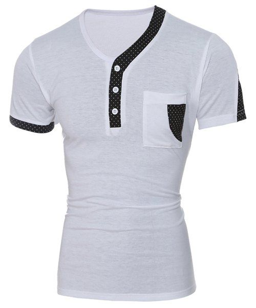 T-Shirt Manches Courtes à Col en V et Empiècements à Pois en Blocs de Couleurs pour Hommes - Blanc M