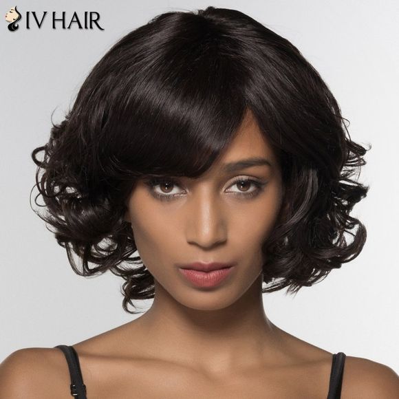Curly Siv cheveux Side Bang perruque de cheveux humains des femmes élégantes - Noir 