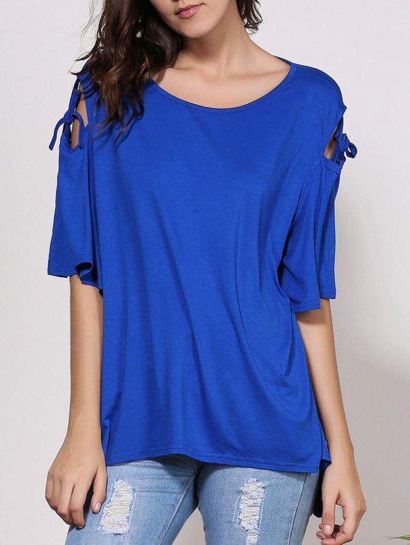 Tee-shirt à encolure dégagée Solide Couleur de femmes à la mode détouré - Bleu XL