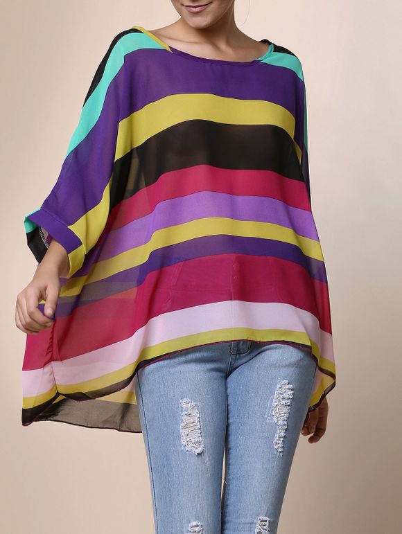 Slash élégant Collier manches 3/4 ample T-shirt de femmes de couleur - multicolore ONE SIZE(FIT SIZE XS TO M)