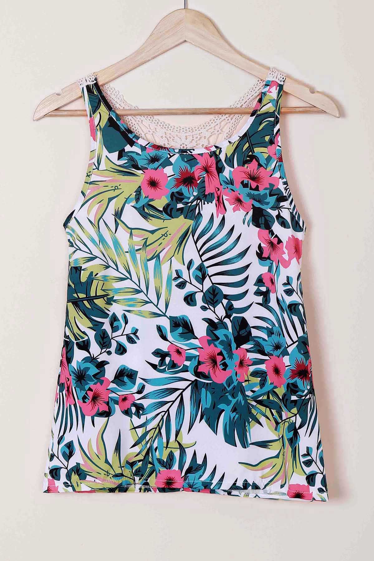 

Sexy Women's Scoop Neck Lace Splicing Floral Print Racerback Top, Green
