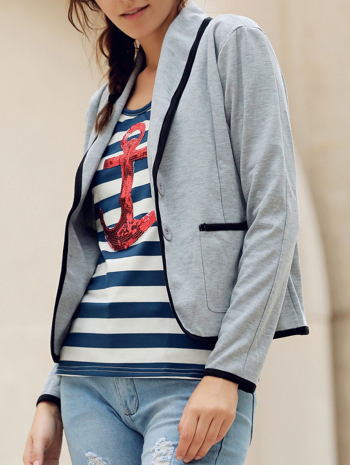 

Elegant Color Splicing Shawl Collar Long Sleeve Blazer For Women, Gray