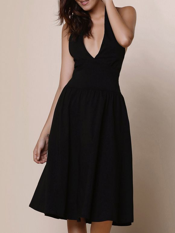 Halter Vintage Pure Color Dress Backless Flare pour les femmes - Noir M