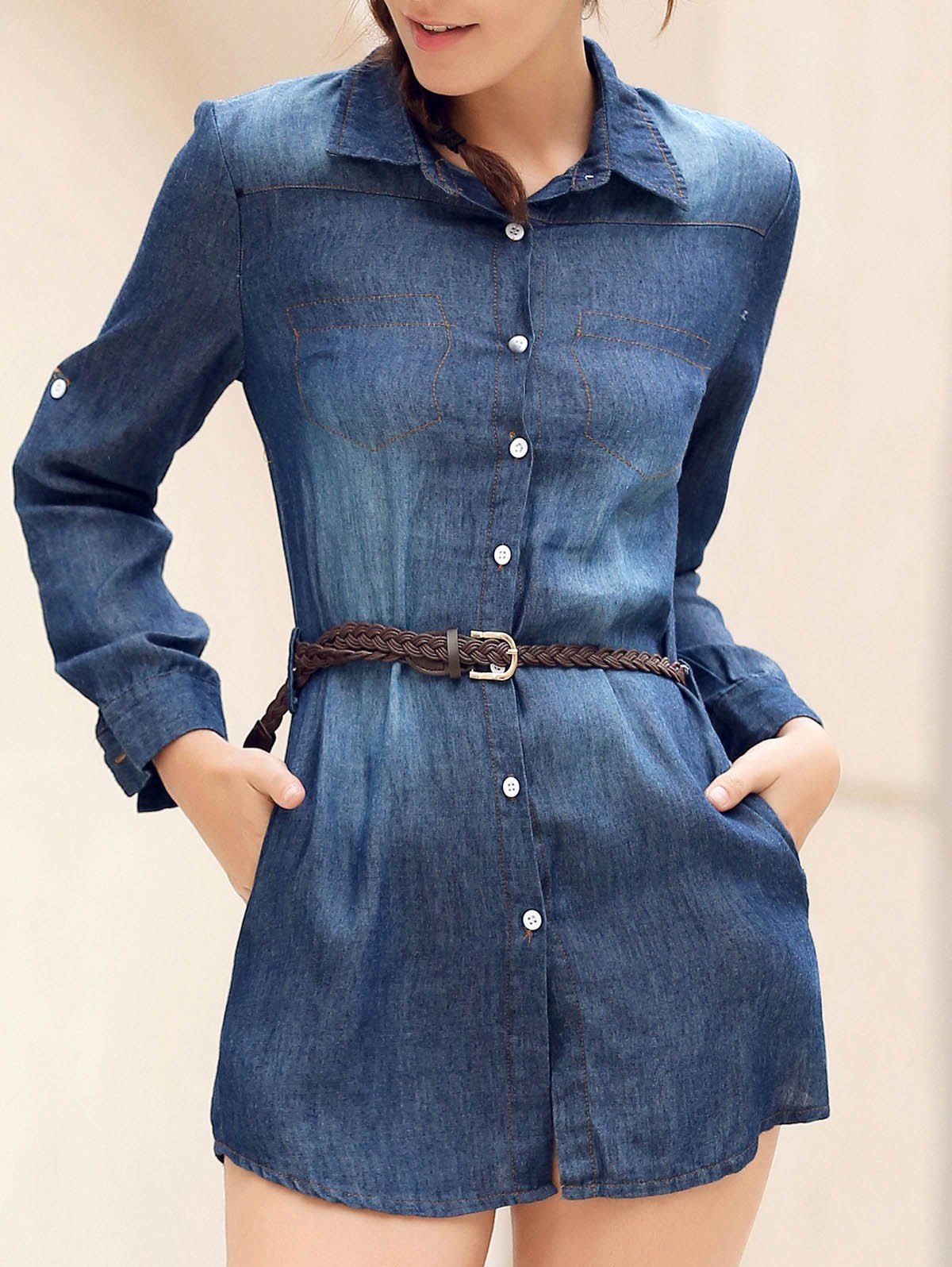 

Mini Button Up Denim Shirt Dress with Pockets, Blue