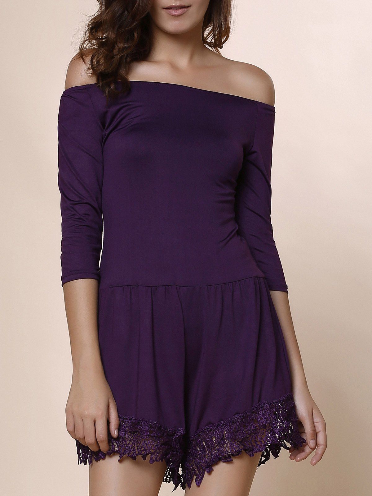 

Sexy Solid Color Slash Neck 3/4 Sleeve Romper For Women, Purple