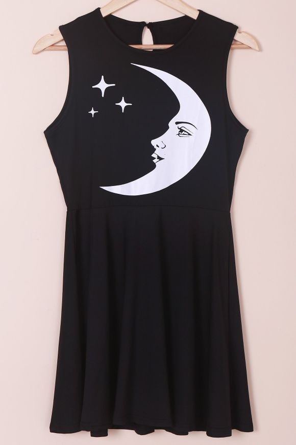 Élégant Lune et Etoile Imprimer Robe sans manches col rond Femmes - Noir XL