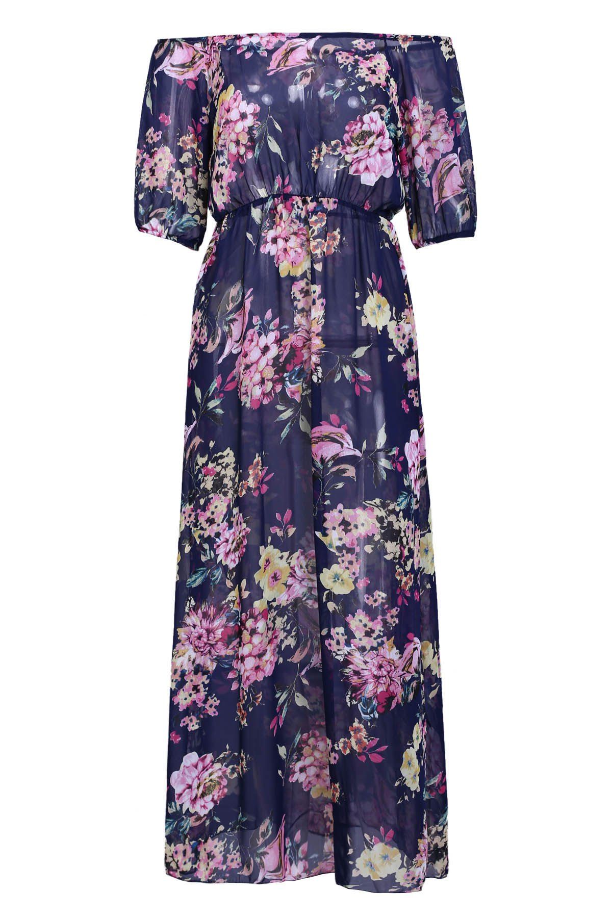 

Sexy Slash Collar 3/4 Sleeve See-Through Floral Print Women's Dress, Purplish blue