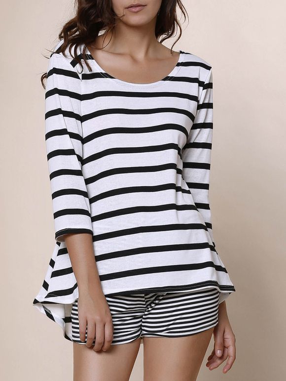 Simple Style Scoop Neck Stripe Imprimer Blouse manches 3/4 pour les femmes - Blanc et Noir S