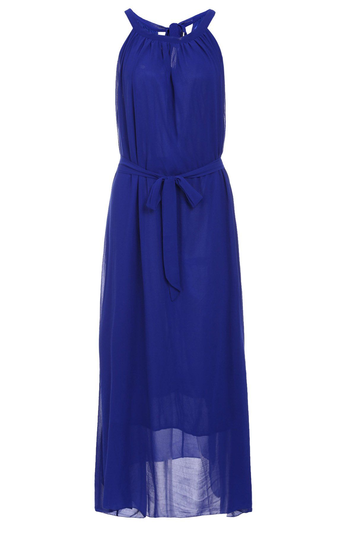 

Bohemian Purplish Blue Round Collar Sleeveless Dress For Women