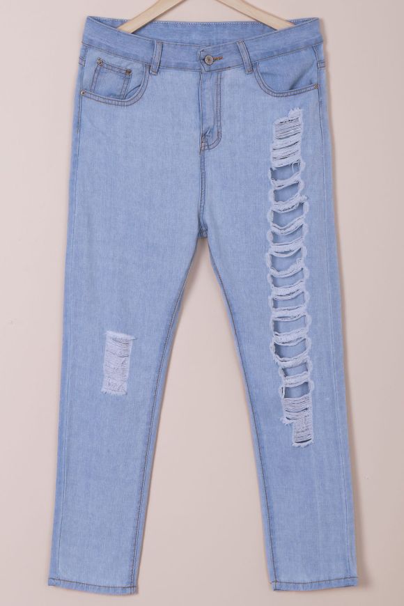 Élégant taille haute Trou Zipper conception Fly Jeans - Bleu clair M