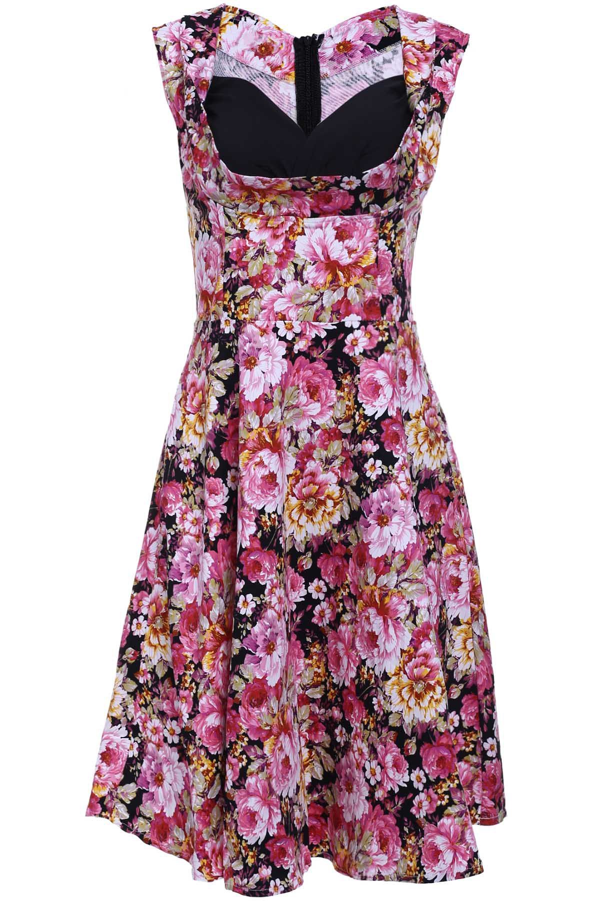 [41% OFF] 2021 Retro Flower Print Sweetheart Neck Sleeveless Midi Dress ...