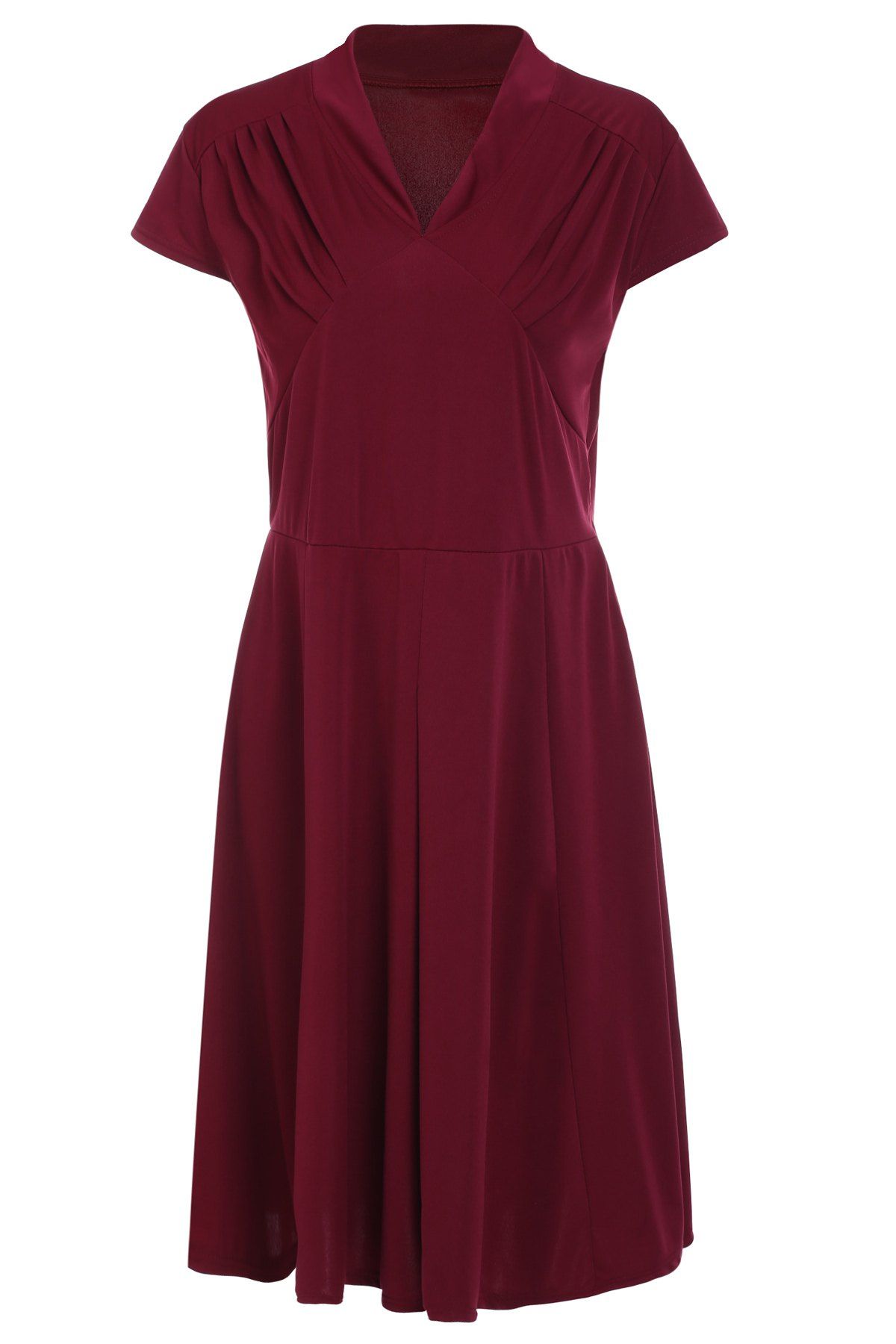 Retro Style Wine Red V-Neck Short Sleeve Dress For Women, WINE RED, 2XL ...