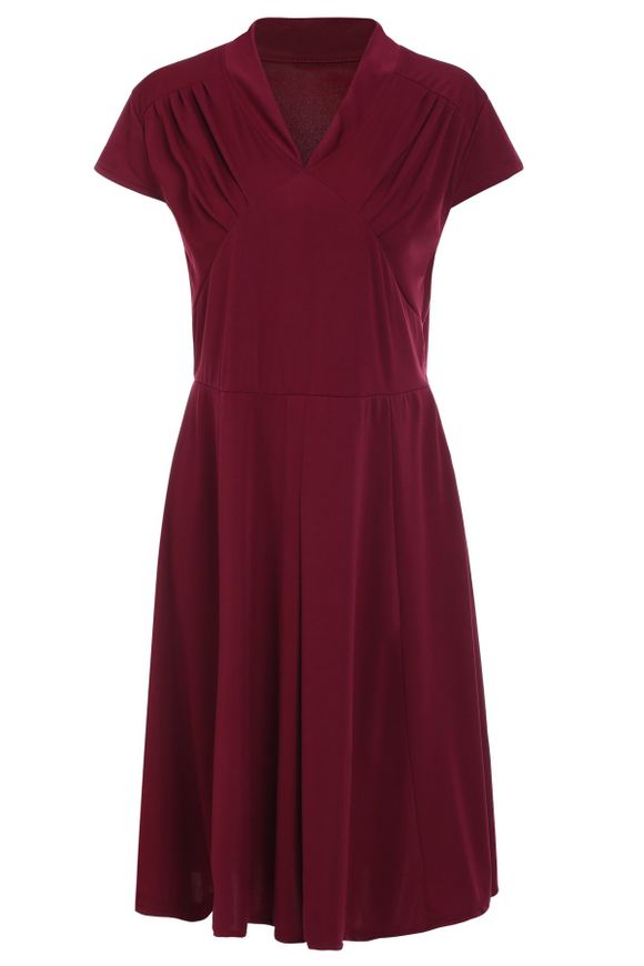 Robe manches courtes Style rétro Vin rouge à col en V pour les femmes - Rouge vineux XL