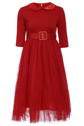 Graceful Long Sleeve Peter Pan Collar A-Line Voile Spliced Red Women's Dress