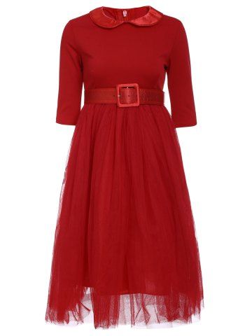 Graceful Long Sleeve Peter Pan Collar A-Line Voile Spliced Red Women's Dress