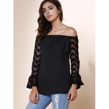 2018 Fashionable Off-The-Shoulder Lace Splicing Sleeve Black T-Shirt ...