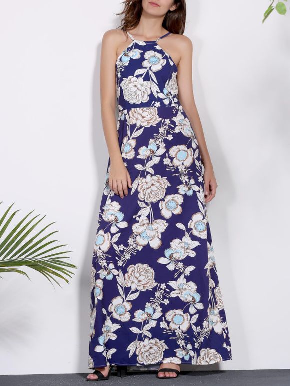 Chic col rond manches imprimé floral Maxi robe pour les femmes - Bleu Violet S