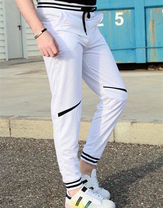 Pieds Lace-Up Fashion Color Block Rib Splicing Loose Fit faisceau polyester Sweatpants hommes - Blanc XL
