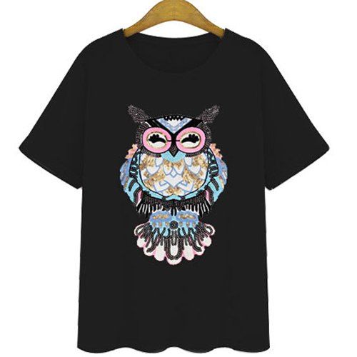 

Stylish Women's Round Neck Short Sleeves Sequined T-Shirt, Black