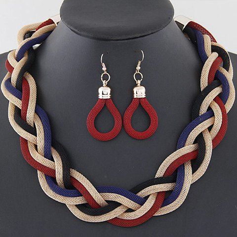 Un costume de collier chaîne Trendy Tressé et boucles d'oreilles pour les femmes - Rouge 