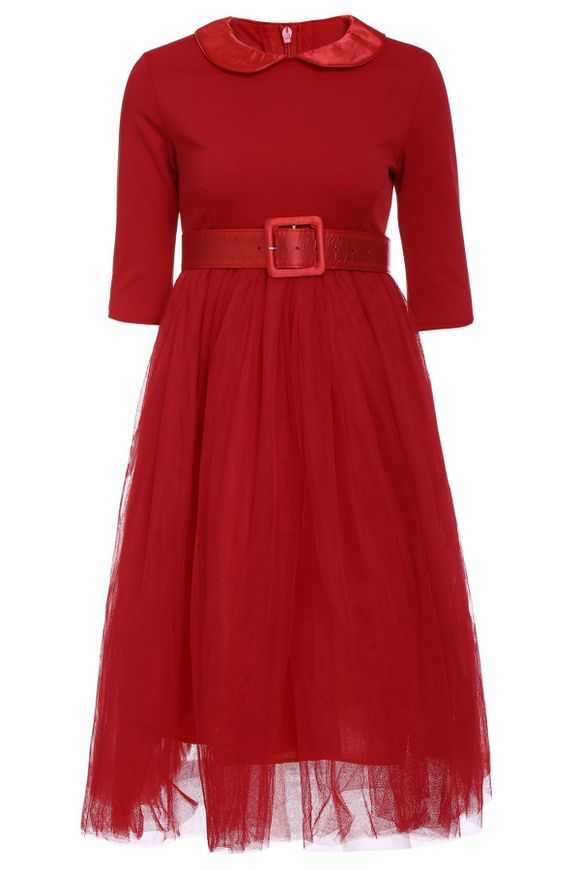 Robe de Graceful manches longues col claudine A-ligne Voile Spliced ​​rouge de femmes - Rouge 2XL