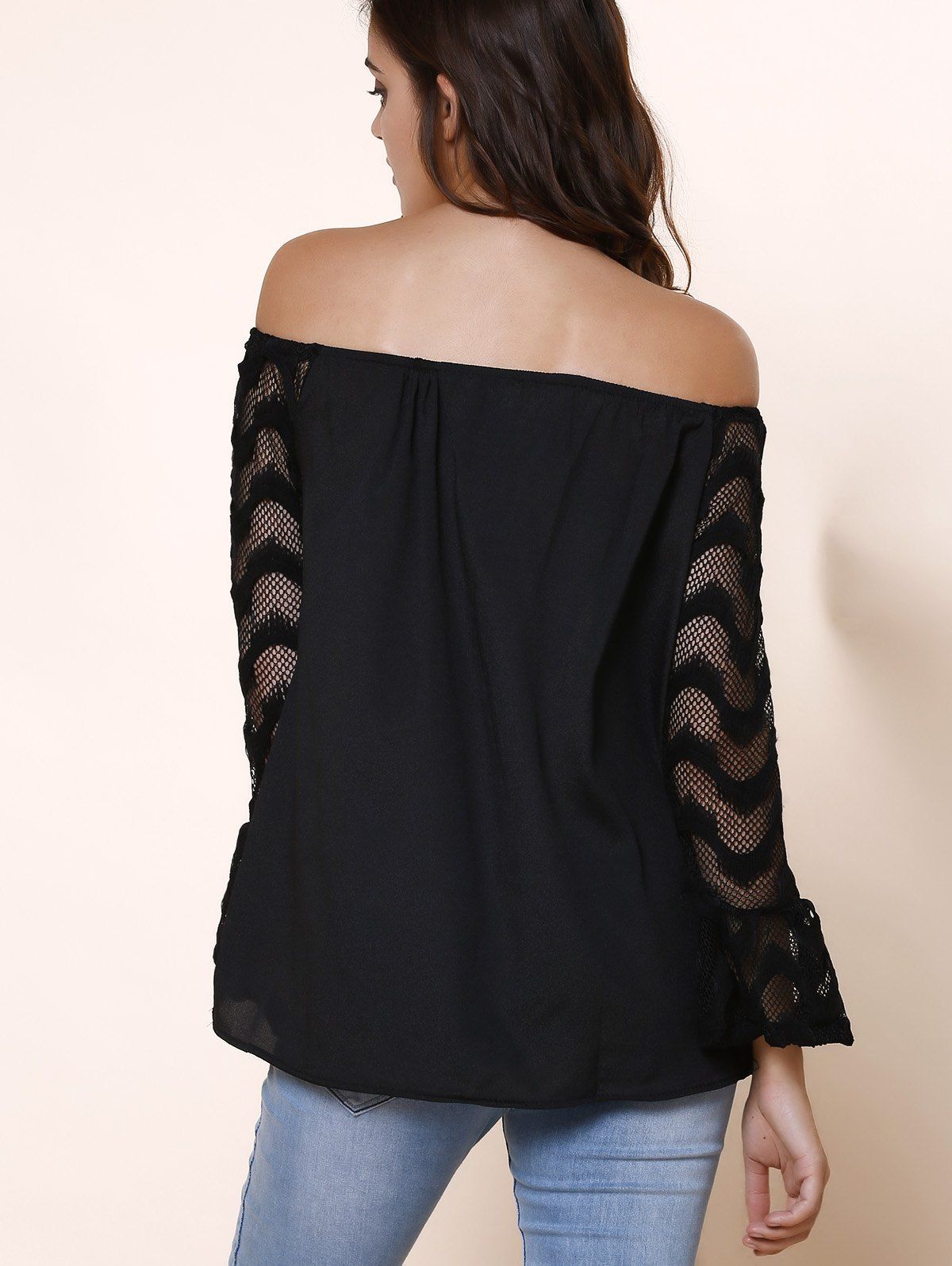2018 Fashionable Off-The-Shoulder Lace Splicing Sleeve Black T-Shirt ...