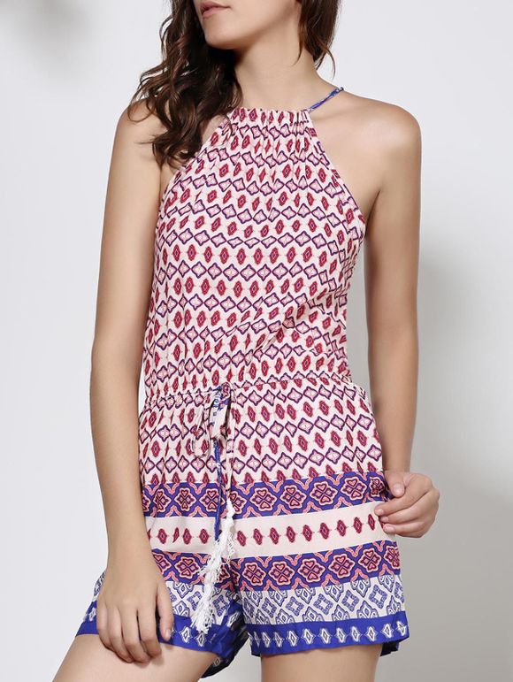 Round Neck Backless Print Romper Ethnic Women - Pourpre S