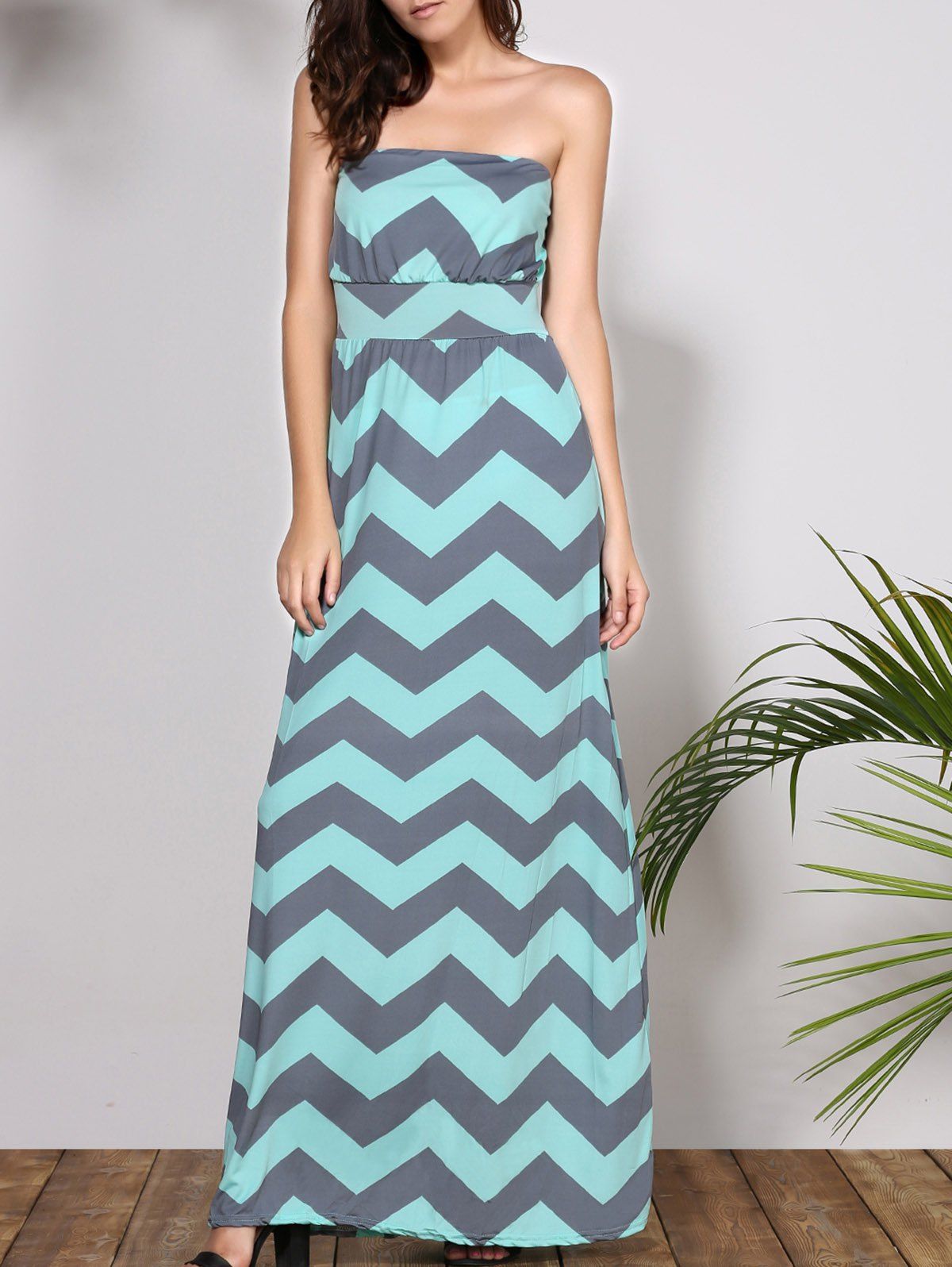 

Bohemian Style Sleeveless Strapless Striped Women's Dress, Light blue