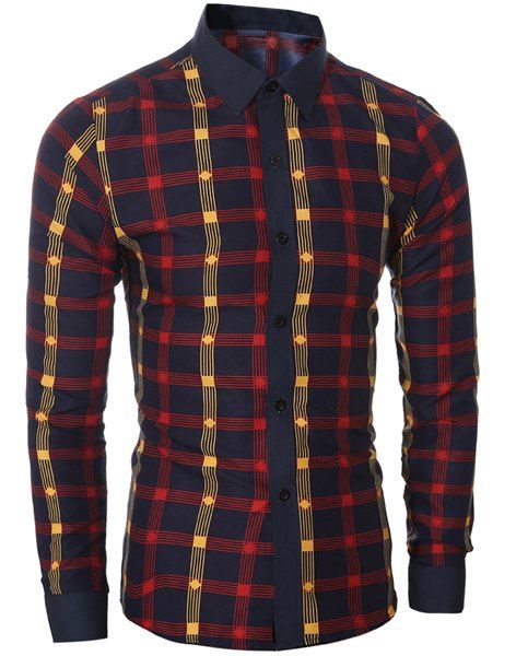 Classic Color Block Shirt Collar Long Sleeves Slimming Men's Plaid Shirt - RED L