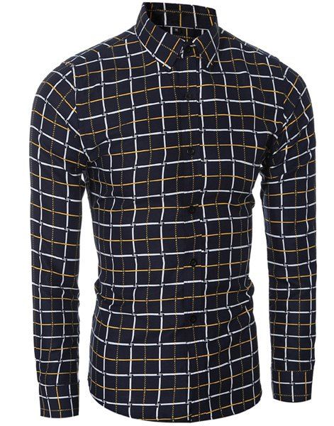Chemise à manches longues et col de chemise à carreaux classiques pour hommes - Jaune XL