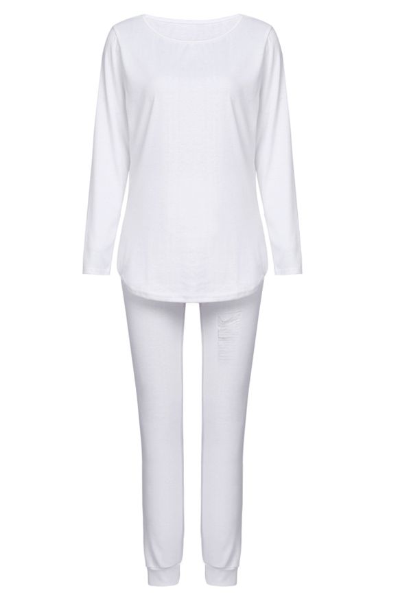 Élégant solide à manches longues couleur Ripped Blouse et moulantes Pantalons Drawstring TwinSet pour les femmes - Blanc M